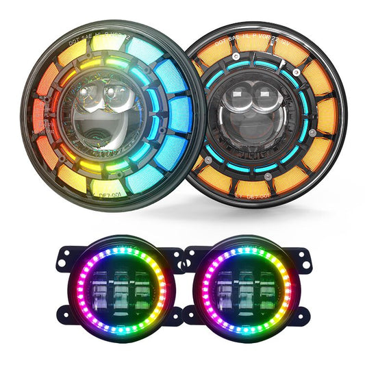 SPDZ1 Oculus 7” RGB LED Headlights with LED RGB Fog Light Kit – App Controlled Multi-Mode Halo