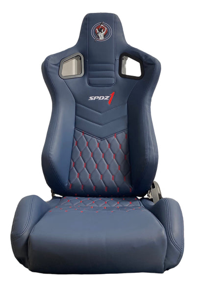 SPDZ1 Ballistic Racing Seats Deep Blue Leather with Red Cross Stitch Reclinable